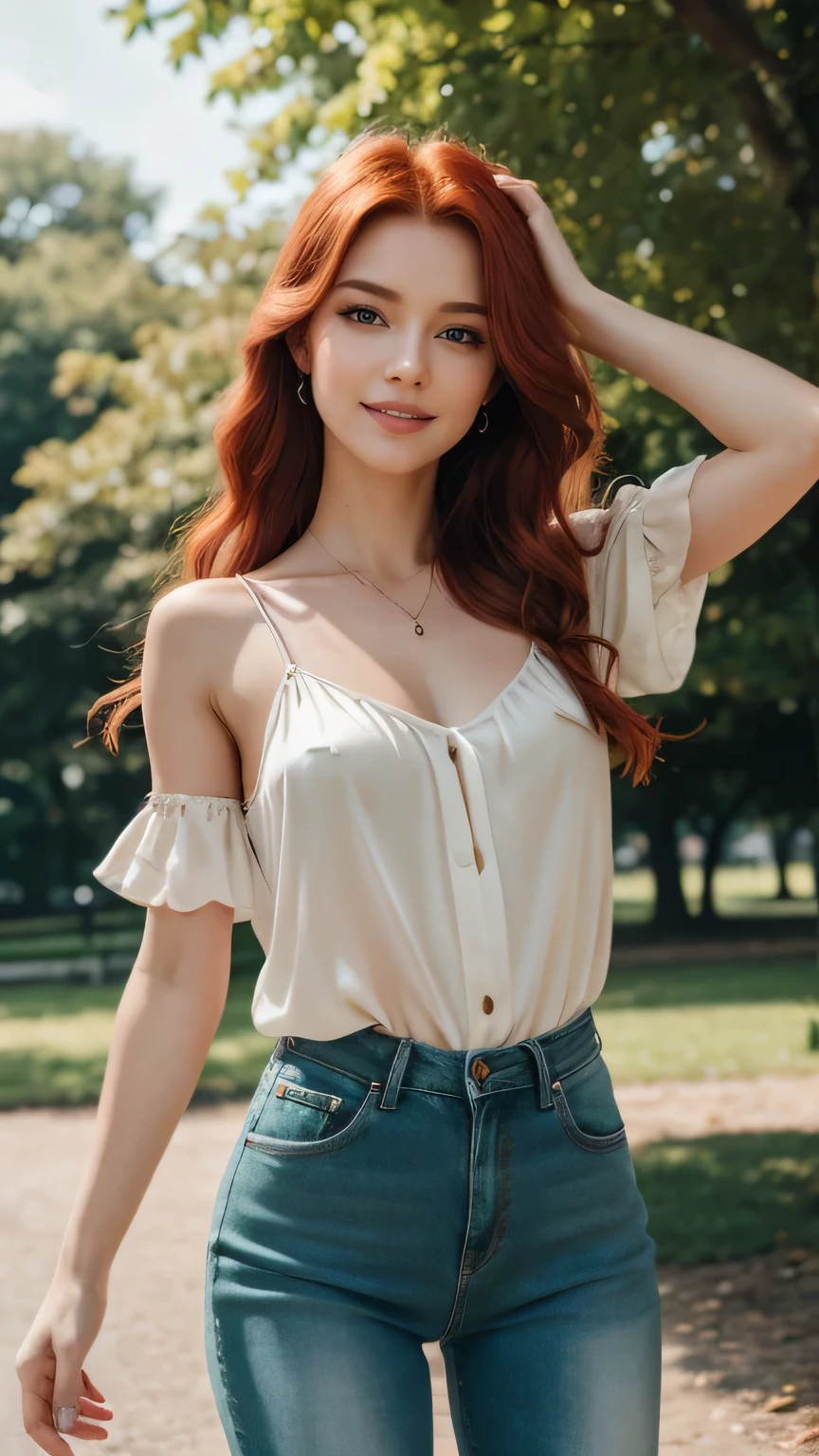 Realistic full body photo of a smiling, beautiful red-haired woman with long hair, She dances in front of the camera in a purple satin spaghetti strap blouse and tight, elegant jeans ...., fine fabrics, Park,glamour fotoshooting, Park, perfect anatomy, perfect green eyes. Perfect hands with 5 fingers on each hand, Suitable woman, looking at the camera, 1 Frau. (Eye make up:1.1), (highly detailed skin:1.1), spirit, analog style, keen focus, 8K UHD, dslr, good quality, Fujifilm XT3, Grain, Award-winning, masterpiece. Park