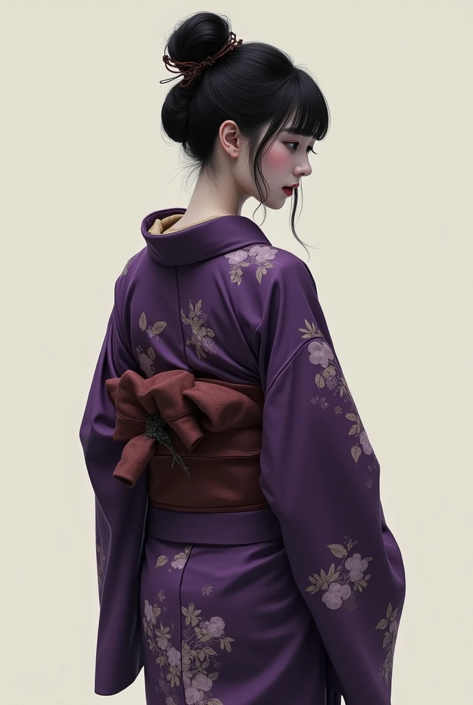 ((Highest quality)), ((masterpiece)), (detailed),One woman, A woman in a kimono、Painful face、Back view、Portrait、The color of the kimono is purple、The pattern on the kimono is meisen