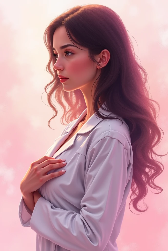 Create an image on the subject of mammography with a 20-year-old girl doing a self-examination for her radiology career with a pink watercolor background