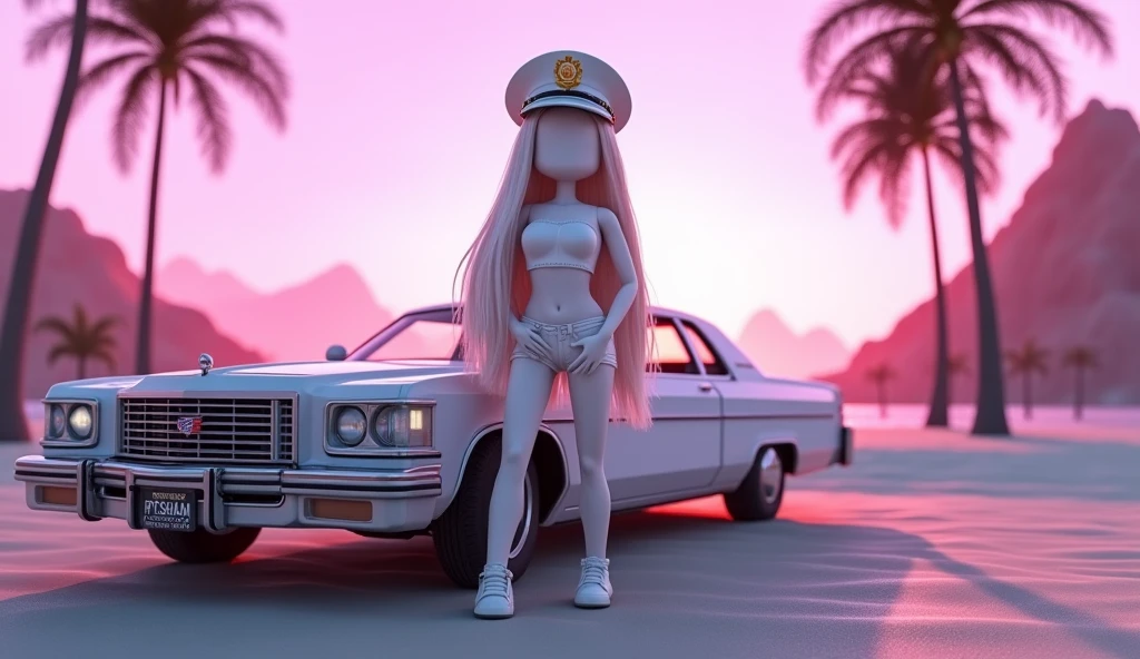 Beautiful tall square Roblox female doll, with white long hair and white police cap, white short blouse and no lips, white skin, no mouth, and beautiful body with wide hips and thin stomach, leaning on a classic car, cartoon, Vice City GTA, stone mountain background on the beach with pink sky