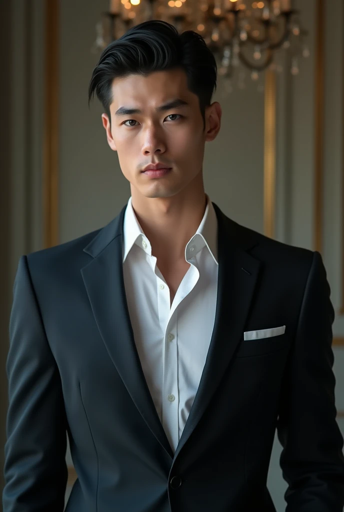 Handsome tall young man with white skin, black hair with bun, blue eyes, muscular body, sensual, sexy businessman 