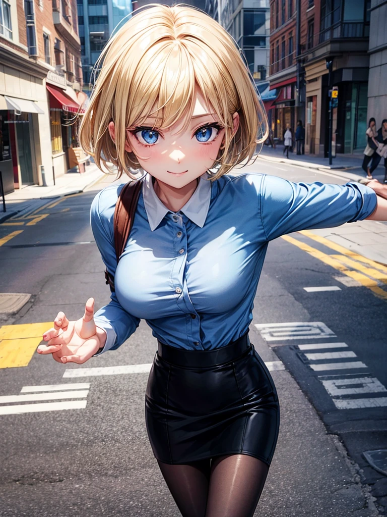 Anime style, super fine illustration, highly detailed, beautiful detailed, perfect detailed, super high quality image, static representation, gentle expression, happy expression, the pretty image, super stylish, 8k, pretty 1girl with blonde straight short hair & blue eyes & a bright smile & full bust & soft fair skin is a career woman who is very hard working not to show her skin wearing business shirt & black tight skirt & black pantyhose on the urban business buildings street, in the morning, solo, perfect fingers, no more fingers, no less fingers, perfect arms, no more arms, perfect legs, no more legs, no more hair, masterpiece.