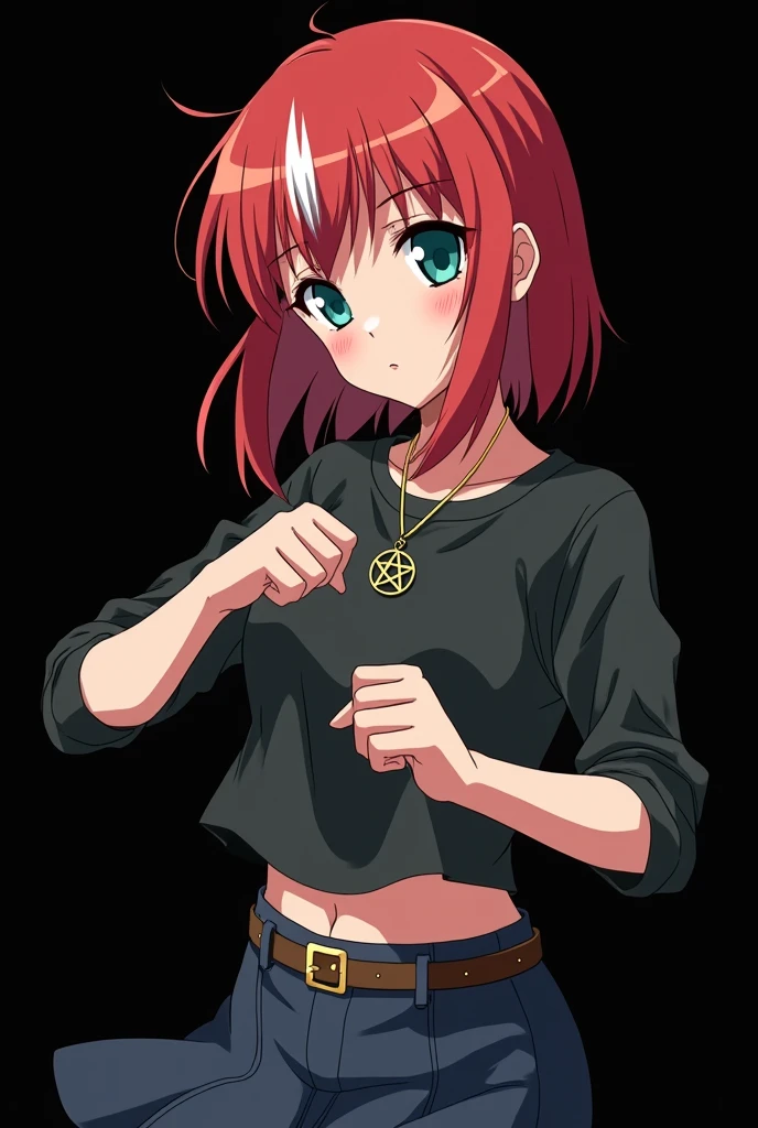 full image of an  girl, personagem do anime "JUJUTSU KAİSEN", with medium length straight fire-colored hair with two white highlights in the front, framing your face, blue-green eyes and pale skin. she is a Wiccan, she is in fighting pose. she wears a pentagram necklace, tight skirt, beautiful women&#39;s high-top shoes and ¾-long socks. with animation by Gege Akutami, anime creator. black backdrop.