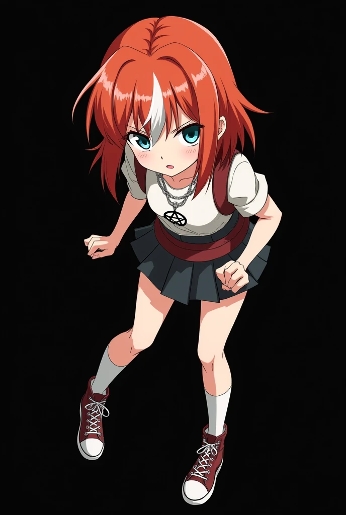 full image of an girl, personagem do anime "JUJUTSU KAİSEN", with medium length straight fire-colored hair with two white highlights in the front, framing your face, blue-green eyes and pale skin. she is a Wiccan, she is in fighting pose. she wears a pentagram necklace, tight skirt, beautiful women's high-top shoes and ¾-long socks. with animation by Gege Akutami, anime creator. black backdrop.
