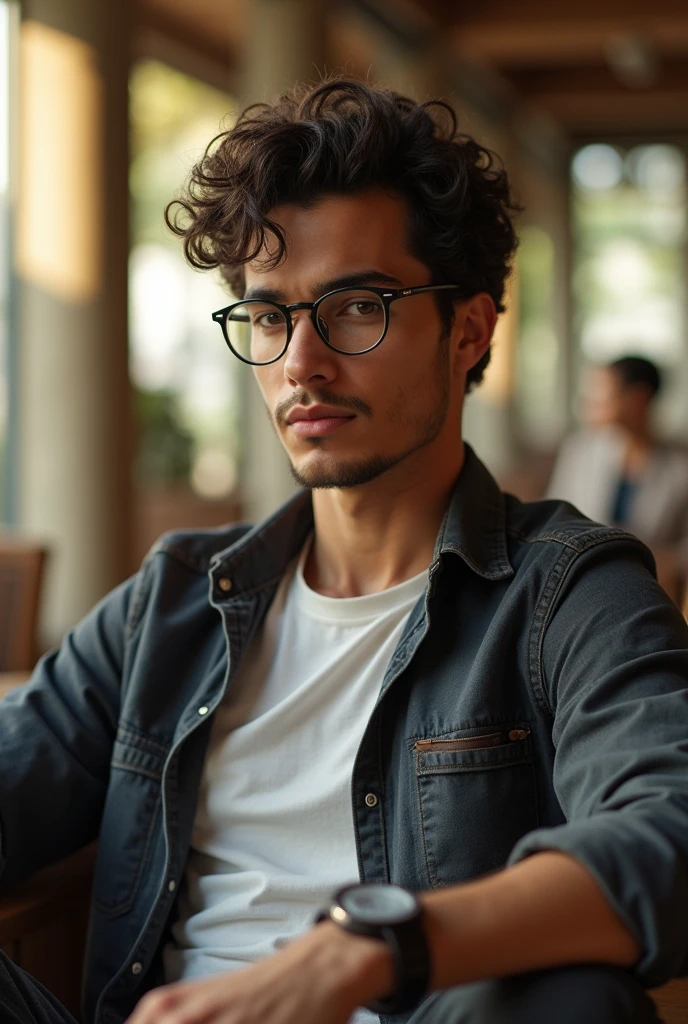(photorealism:1.2), beautiful man, glasses, peruvian, university, tall, short curly hair, no beard, serious, casual clothing, soft lighting, relaxed pose, realistic, intricate details, warm colors, by Greg Rutkowski, by Alphonse Mucha