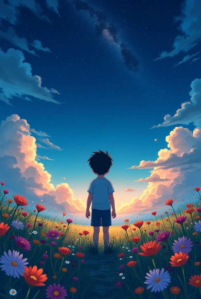 1boy, looking up at the sky, background of meadow, filled with colorful flowers, from behind near, luxury effect, 8k, wallpaper, anime style, night.