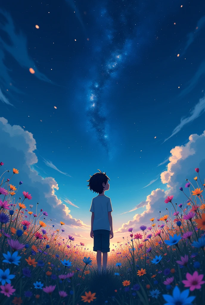 1boy, looking up at the sky, background of meadow, filled with colorful flowers, from behind near, luxury effect, 8k, wallpaper, anime style, night.
