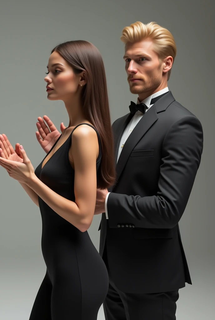 1 mixed race girl with thin brown hair and straight hair being a model and her handsome forty year old blond husband applauding her