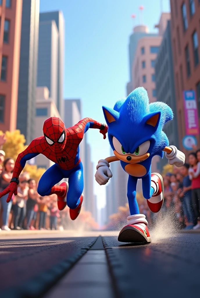 There is a race going on between Spider-Man and Sonic. Many people have come to watch this race and they are happy.