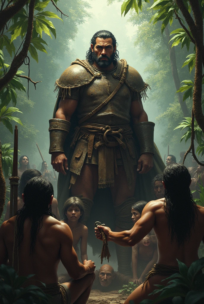A Spaniard abusing indigenous natives in the Peruvian jungle