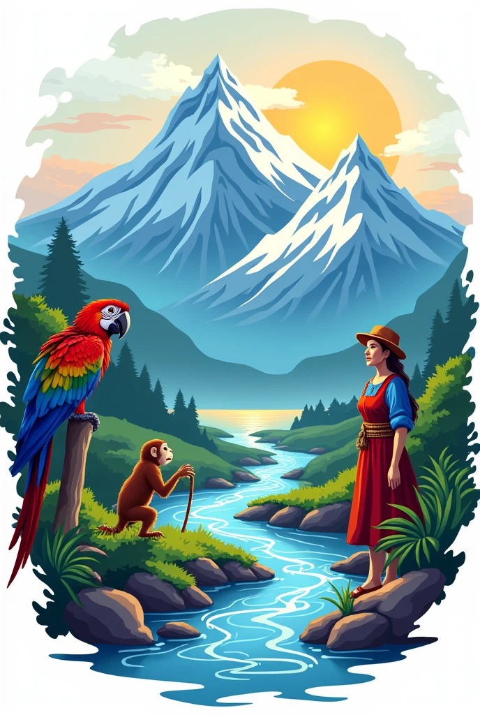 Create logo with the following characteristics: Main image of the two snow-capped peaks of the Sierra, Water that flows into the sea, Macaw, monkey and peasant man and woman
