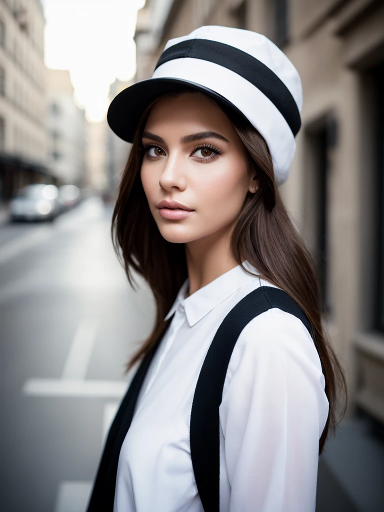 Арафед женщина in Hat и рубашке позирует для фотографии, she wears a hat, in Hat, fashion portrait, nun photo model, Portrait of a fashion model, fashion portrait photo, Portrait of a fashion model, woman in Hat, dressed in a white shirt, model photography, Portrait of Kim Kardashian, attractive androgynous humanoid, model shooting, digital art of elegance