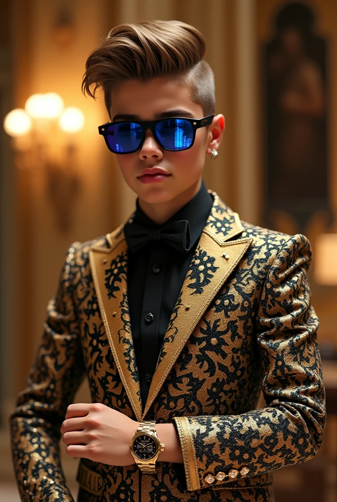 Create a young 1 American boy and he is billionaire and the king in the world. The boy clothes about 500 billion dollars sut .sut make it gold and black diamond about 5 billion dollar
In realistic . man hair is look like Justin Bieber . Man hand about 200 million dollars watch and wearing blue color sunglass in 500 million dollars . Background is 1000 billion dollar diamond house