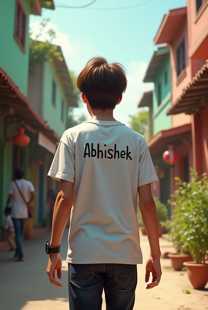 a 2 sad boy with brown mullet hairstyle, sad and depressed and walking, wearing white t-shirt and black jeans, Black strip watch, in background beautiful village street surrounded by people,watch, written 'abhishek' in backside of t-shirt,quality,4k,8k,highres,masterpiece:1.2),ultra-detailed,(realistic,photorealistic,photo-realistic:1.37),HDR,UHD,studio lighting,ultra-fine painting,sharp focus,physically-based rendering,extreme detail description,professional,vivid colors,bokeh