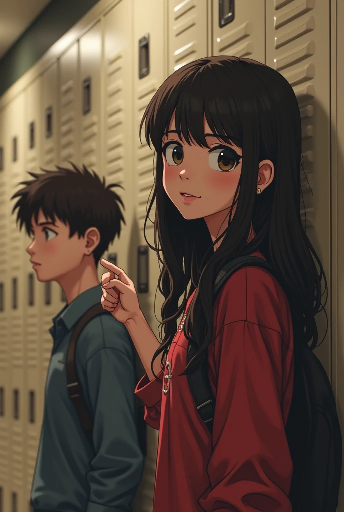 A  girl pointing at a boy behind her
