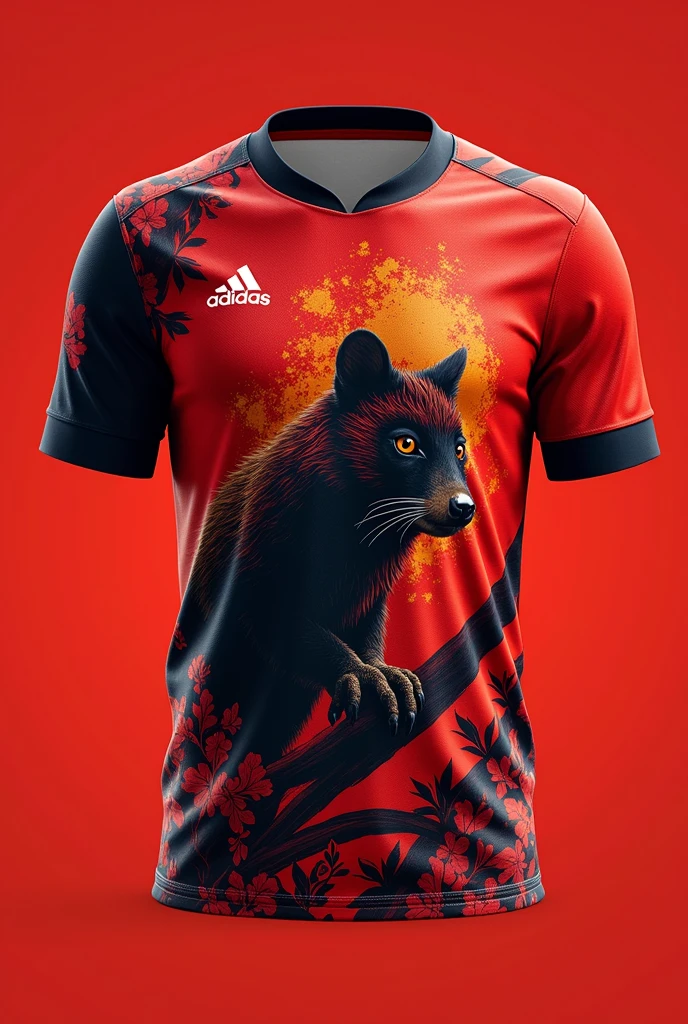 An olingo animal team jersey with predominantly red color