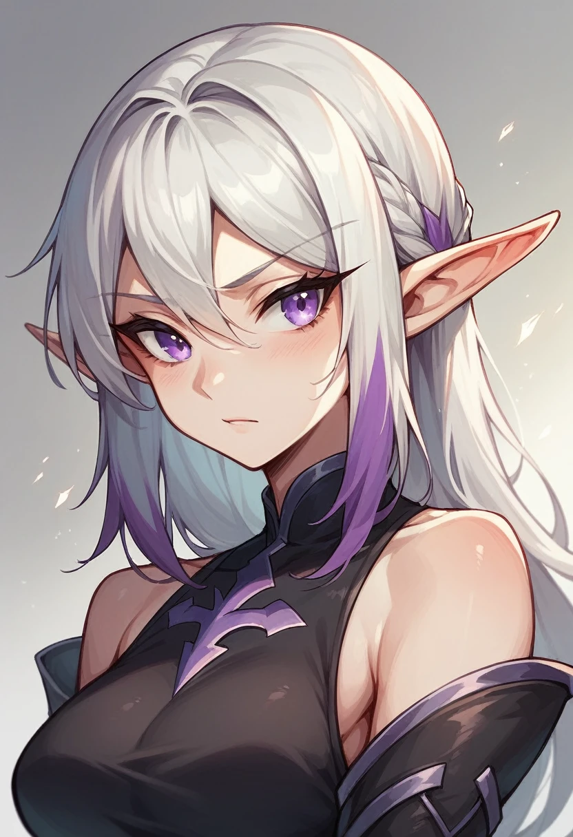 An elf archer, using lightning arrows!, the elf is wearing a black outfit and has white hair with purple highlights