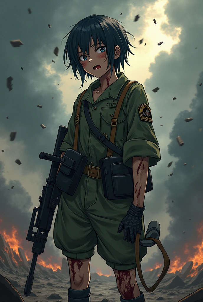 A scary wounded armed solder in anime style