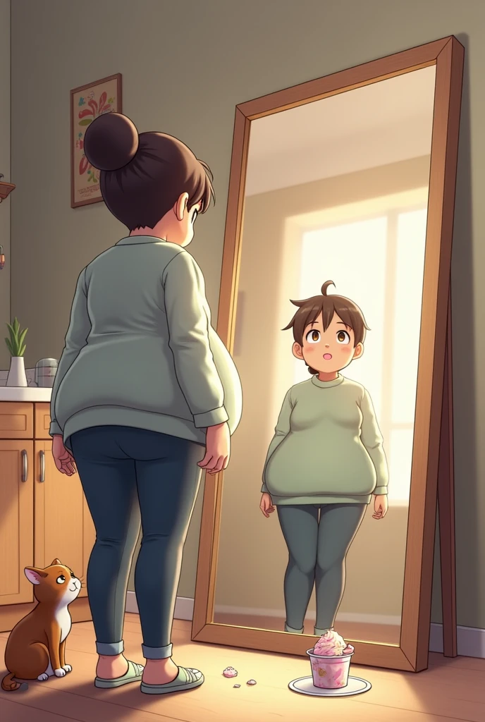 The main character's cat、I stand in front of the mirror, gazing in amazement at my plump figure.。There's an ice cream stain on his mouth、In the background is a half-eaten cup of ice cream.。