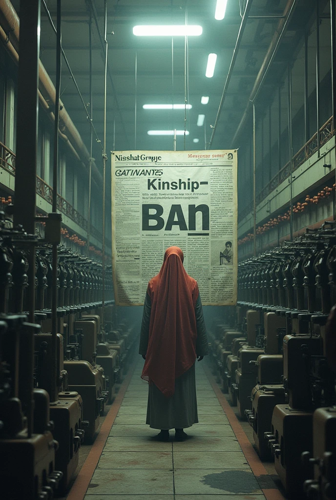 Textile machinery behind the picture, KinShip Ban written as headline in the center , mention the name of Nishat Group