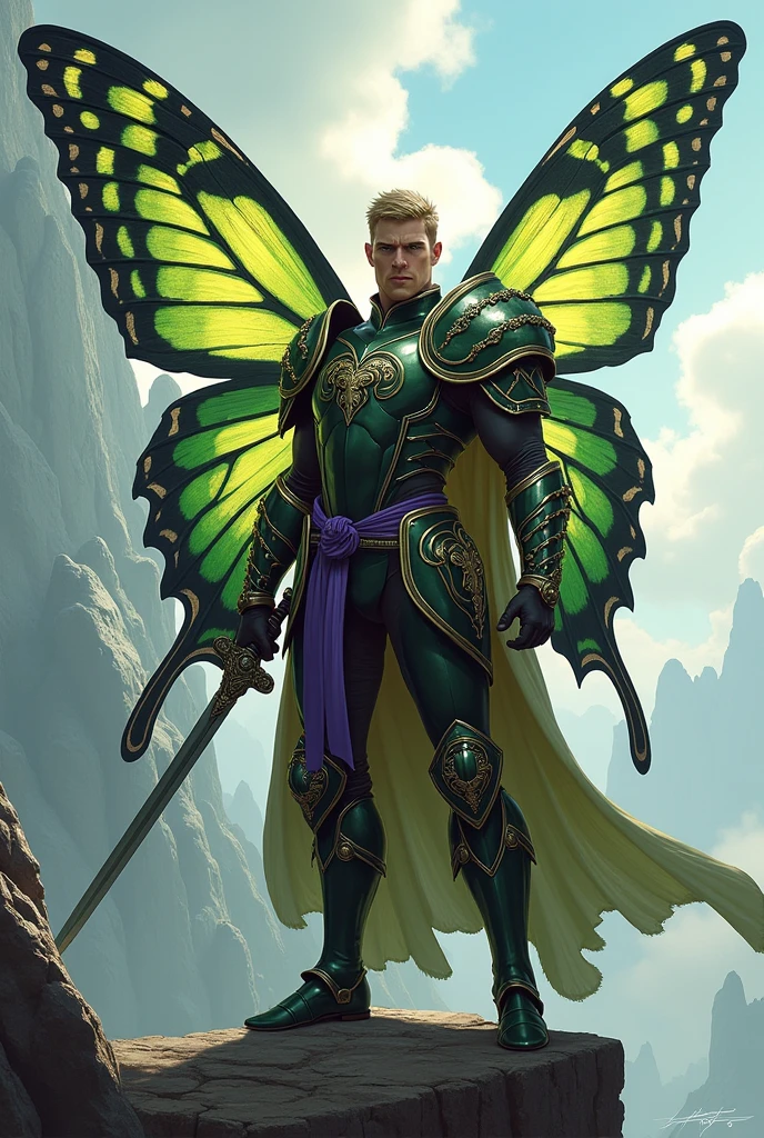 a male paladin with olive green armor, helmet, purple belt, (army helmet, visor), blonde hair, butterfly wings, holding a sword in one hand, athletic physique, wide chest, intricate armor details, (( butterfly wings on his back)). Square jaw, strong jaw line, scar over right eye. show him standing on a cliff. He has neatly trimmed blonde hair and blue eyes.