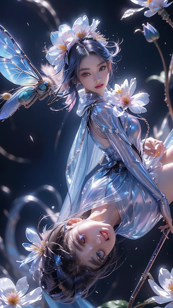 8k, masterpiece, 1 girl, beautiful face, very long hair, light makeup, (glossy skin:1.5), detailed eyes, detailed lips, small bust, short clothing, dragonfly, ((blue dragonfly clothing)), ((flowing cape)), light clothing, (flower falling:1.5), god rays, depth of field, ray tracing,