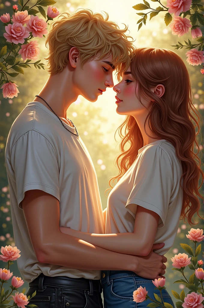 Fais une page de couverture entre un lycéen et une professeure. Le garçon est ténébreux, moqueur, sans sentiments et fait parti d'une bande de potes qui est craint par le lycée. Il a les cheveux blonds dorés et les yeux marrons cassants. Et la professeure a les cheveux noisettes-cacahuètes aux yeux bleus oceans. Elle a un douloureux passé mais elle est douce et sensible. Ils vont se rapprocher parce que la professeure lui fera du tutorat. La professeure a 23 ans et le lycéen en a 16. Le garçon est habillé d'un tee-shirt blanc et d'un pantalon en cuir. Il est très beau. Sinon tu peux faire quelque chose avec un livre où sur un côté il y a des fleurs fanées qui représentent le garçon et des fleurs plus jolies qui vont éclorent pour représenter la fille. Mais fait quelque chose de vraiment, qui donne envie de découvrir le livre. Que dans cette romance, il n'y a pas que le bonheur mais aussi la douleur. Les deux se regardent avec envie mais ils savent qu'ils ont l'interdiction de s'aimer. Le garçon est sûr le point de l'embrasser.