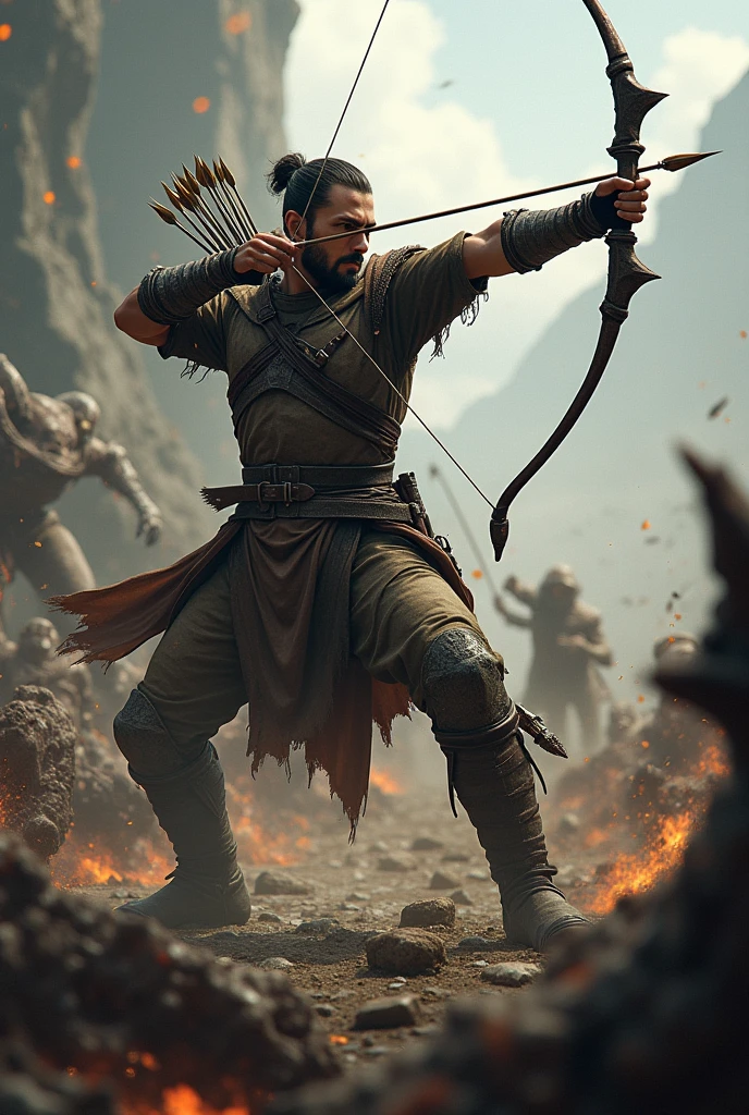 Archer shooting many arrows at many monsters