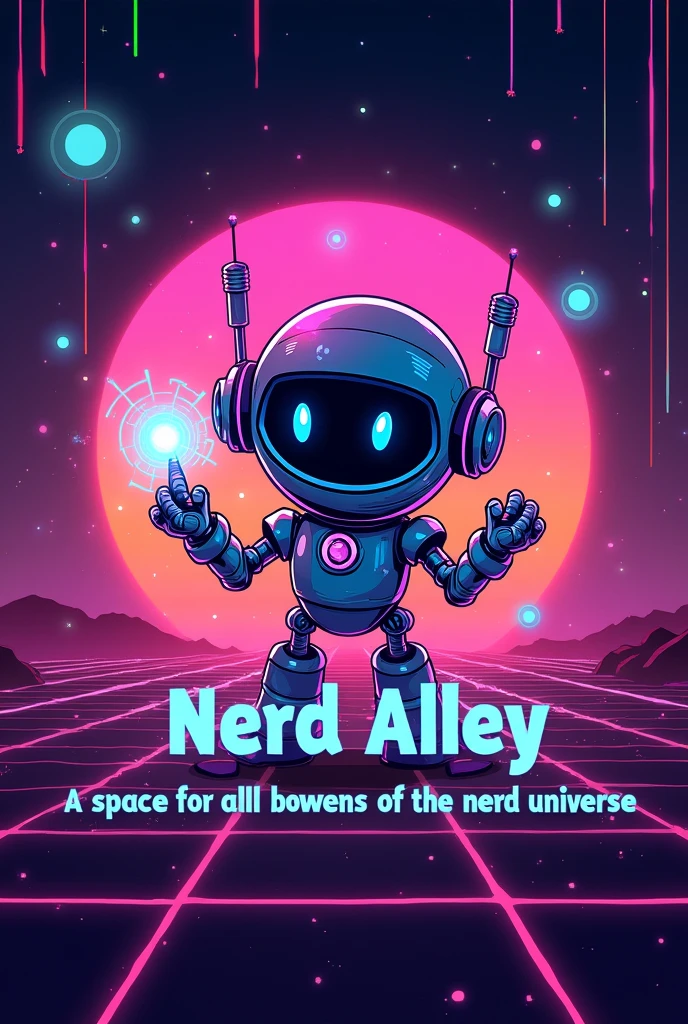 a banner with the title "nerd alley" e o slogan "a space for all lovers of the nerd universe" and with these characteristics: Paleta de cores:
neon glowing: neon pink, Green Lemon, electric blue and vibrant purple.
sharp contrast: fund escuro (Black or Navy Blue).
Typography:
Retro style: 80s fonts with 3D outlines and shadows.
Neon Effect: Letters with glitter and gradients.
Graphic elements:
Pop Culture Icons: Video game consoles, comic book characters, Geek References.
geometric forms: stele, rays and circles.
fund:
Gradients and Textures: Night sky or sunset.
Retro Grid Style: Old game patterns.
Composition:
Visual balance: Balanced distribution of elements.
Center the Message: Name “Nerd Alley” highlighted with slogan below.
Additional Effects:
Brightness and Shadow: Effects that create depth.
Mascot or Character: A stylized robot or alien.
Format and Size:
Adequate Dimensions: For example, 1200x600 px para digital.
high resolution: Avoid pixelation.