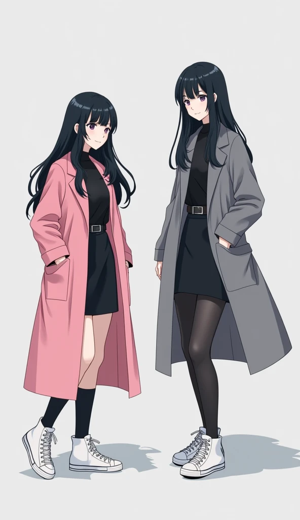 Two young women long black hair
The first young women wear a long pink coat, The secomd young women wore a long grey coat, they are wearing the black shirt, black pencil skirt, black underpants, long black tights, medium black socks, white sneakers high top, light grey background, cartoon novel, 4K, HD