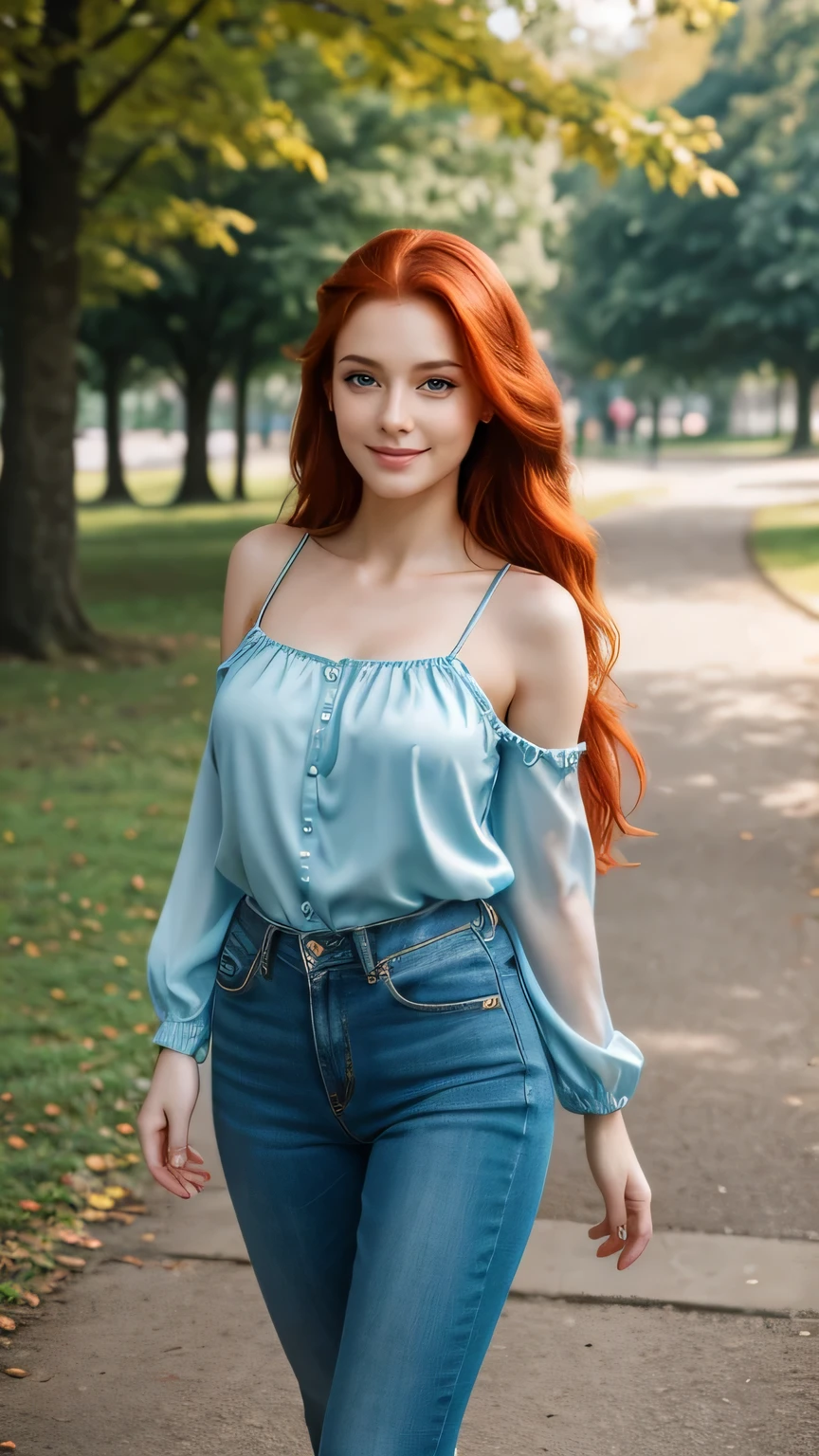 Realistic full body photo of a smiling, beautiful red-haired woman with long hair, She dances in front of the camera in a blue satin spaghetti strap blouse and tight, elegant white jeans ...., fine fabrics, Park,glamour fotoshooting, Park, perfect anatomy, perfect green eyes. Perfect hands with 5 fingers on each hand, Suitable woman, looking at the camera, 1 Frau. (Eye make up:1.1), (highly detailed skin:1.1), spirit, analog style, keen focus, 8K UHD, dslr, good quality, Fujifilm XT3, Grain, Award-winning, masterpiece. Park