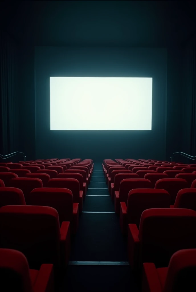 Roger Deakins style - seats on tiers of a red cinema and a dark room, the screen in the blank film. Fewer seats and larger spaces.