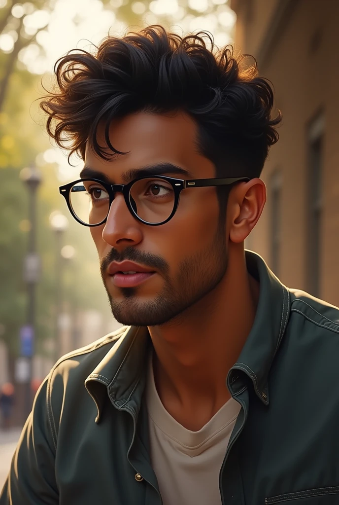 (photorealism:1.2), beautiful man, glasses, peruvian, university, tall,  short curly hair, "no beard", serious, casual clothing, soft lighting, relaxed pose, realistic, intricate details, warm colors, by Greg Rutkowski, by Alphonse Mucha