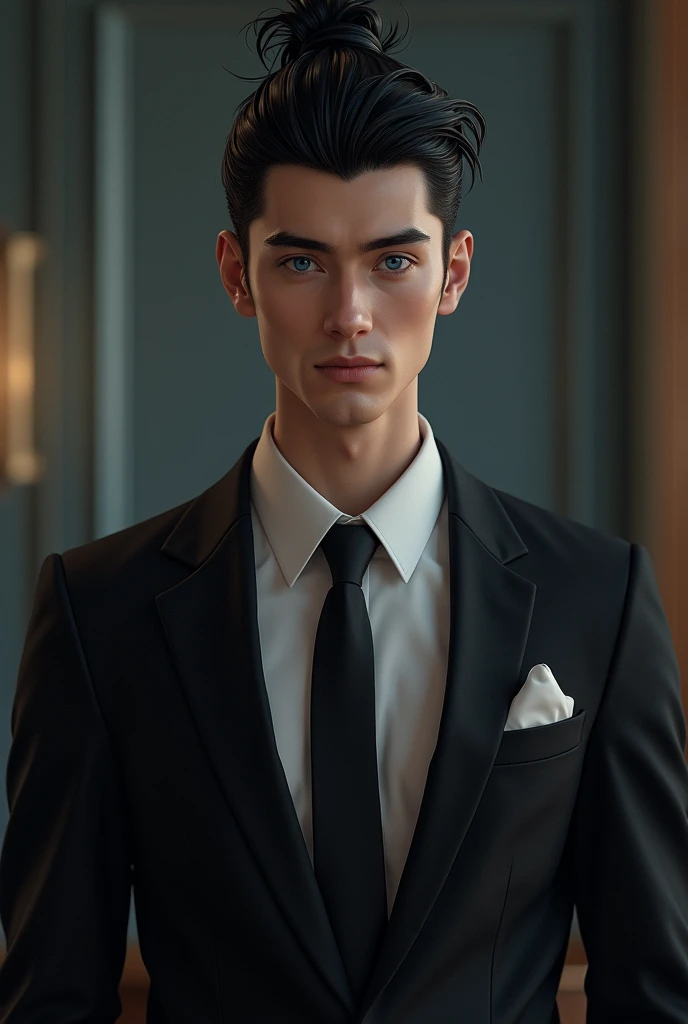 Handsome tall young man with white skin, black hair with bun, blue eyes, muscular body, sensual, sexy businessman