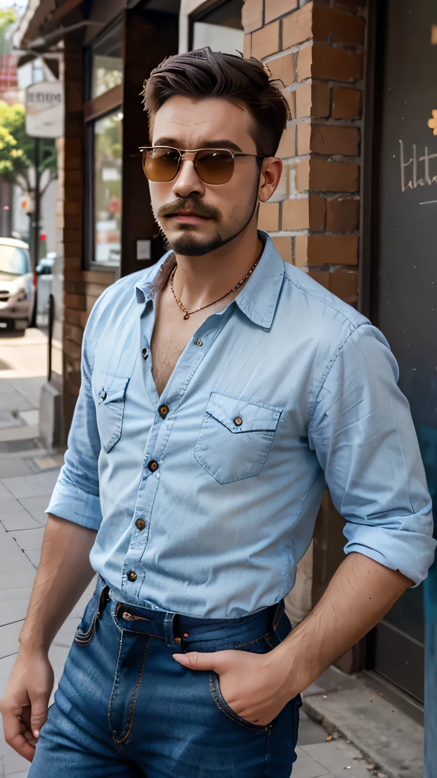 Boy with aviator glasses, modern haircut, little beard and mustache, loose dress shirt, blue jeans, outside a coffee shop.