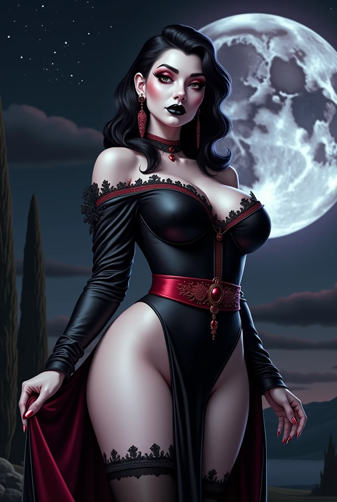 tall, curvy, pale skin, black hair, medium length hair, red eyes, vampire woman, (wide shoulders), very large breasts, wide face, pointed chin, round cheeks, (black lips, black lipstick), black eyeshadow, long eyelashes, ((detailed lips)). (long fingers, long fingernails), detailed hands. wearing a fancy black dress, with red lace, red sleeves, red belt, silky texture, shiny. Night sky background, full moon dominates the sky, bright stars. (best quality,4k,8k,highres,masterpiece, colorful, vibrant colors:1.2) ,moon light, deep shadows, volumetric lighting