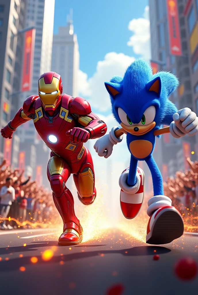 There is a race going on between iron man and Sonic. Many people have come to watch this race and they are happy.