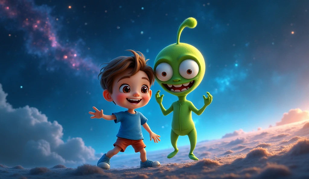 A funny scene from space, with Lucas the boy in a blue t-shirt and green extraterrestrial Lunaris smiling and enjoying the adventure.