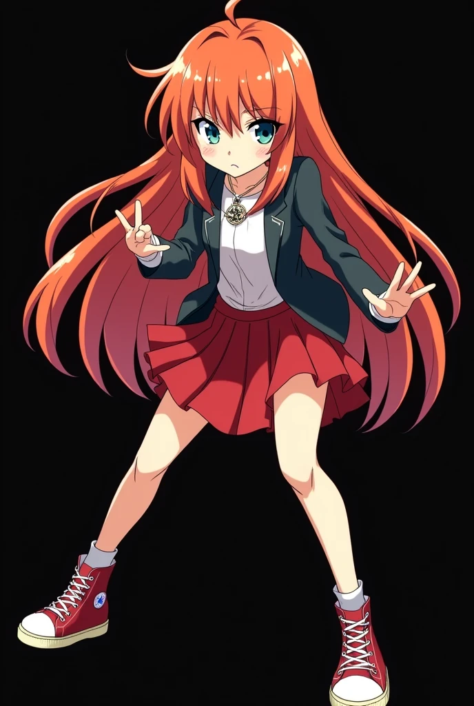 full image of an  girl, personagem do anime "JUJUTSU KAİSEN", with long, straight, fire-colored hair with two white streaks highlighted in the front, framing your face, blue-green eyes and pale skin. she is a Wiccan, she is in fighting pose. she wears a pentagram necklace, tight skirt, beautiful women&#39;s high-top shoes and ¾-long socks. with animation by Gege Akutami, anime creator. black backdrop.