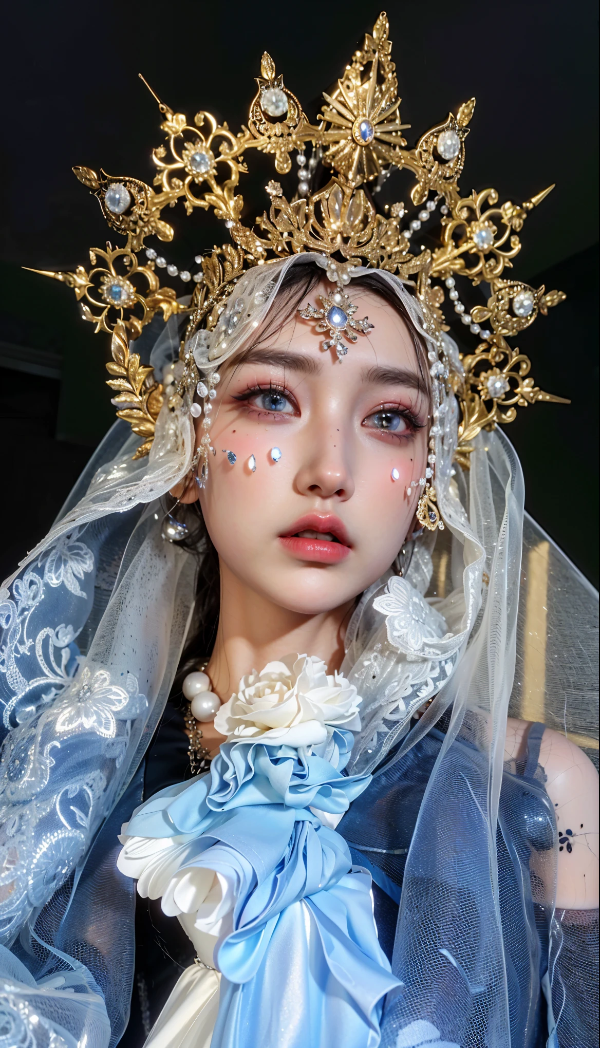 Game Art,Best image quality,Maximum resolution,8K,(A bust photo),(portrait),(Head close-up),(Rule of Thirds),Unreal Engine 5 rendering works,20 year old girl,((Queen)),The eyes are very detailed,(Large Breasts),Elegance and nobility,Movie Light,Ray Tracing,Game CG,((3D Unreal Engine)),OC rendering reflection mode,4K,Ultra-clear,Translucent lace,Fair and plump figure,Pretty Face,Glossy Gel Coat,身着华贵礼服的Queen,Necklace jewelry,Dark blue pupils(Like the eyes of the starry sky),There are exquisite tattoos on the body,Wear a printed lace dress,The Virgin and a Statue