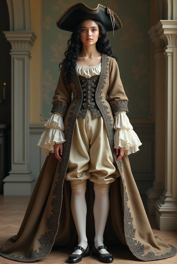 A 1.5 meters tall girl in her 20s wearing: wide knee-lenght breeches, white hoses, a wide justacorps above a waistcoat, a white jabot, silver-buckled balack shoes with wedges and a ribbon on top, a black curly wig and a tricorn