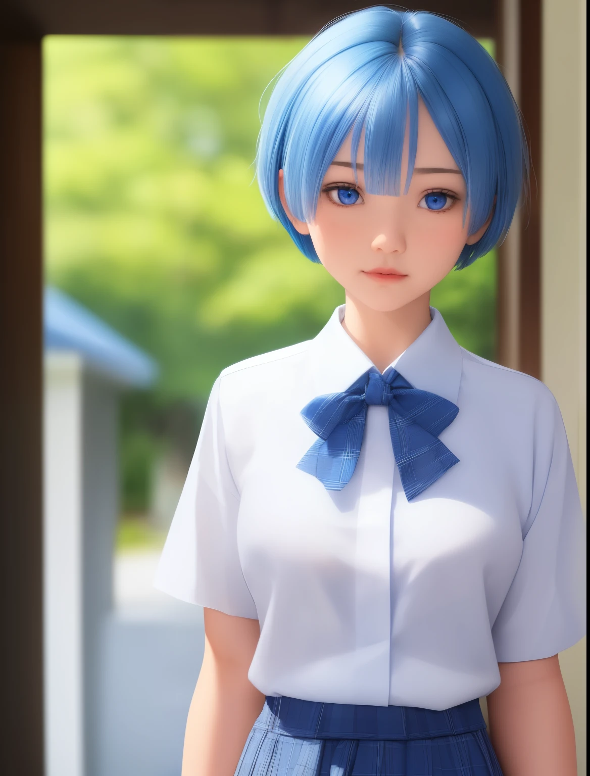 1girl, rem re zero,Short hair, ,blue hair, blue eyes,,White shirt, short sleeve shirt, blue plaid skirt, blue bow tie,half body photo,ultra detail, ultra hd