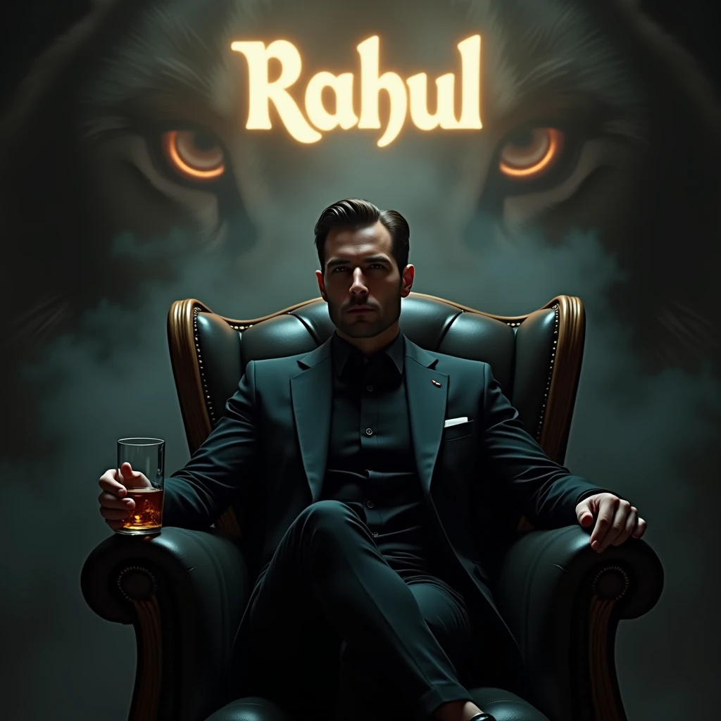 Create a realistic image where a man wearing black luxury suit and sitting on king size chair, he's holding a whiskey glass in his hand, there is smoke in background a shadow of lion and lion's eyes is glowing in blue colour. In background the name "rahul" is showing in bold effects just attached above the chair the head of the character as per his name