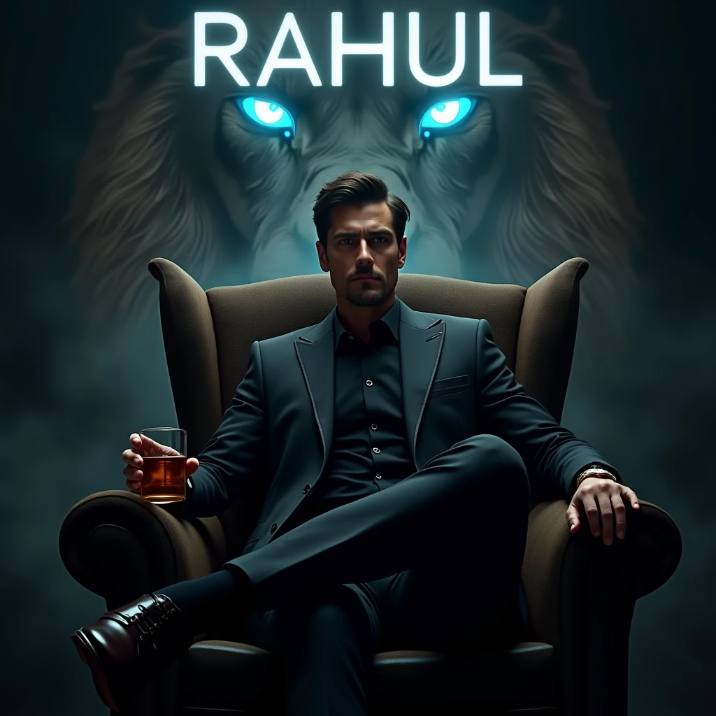 Create a realistic image where a man wearing black luxury suit and sitting on king size chair, he's holding a whiskey glass in his hand, there is smoke in background a shadow of lion and lion's eyes is glowing in blue colour. In background the name "rahul" is showing in bold effects just attached above the chair the head of the character as per his name