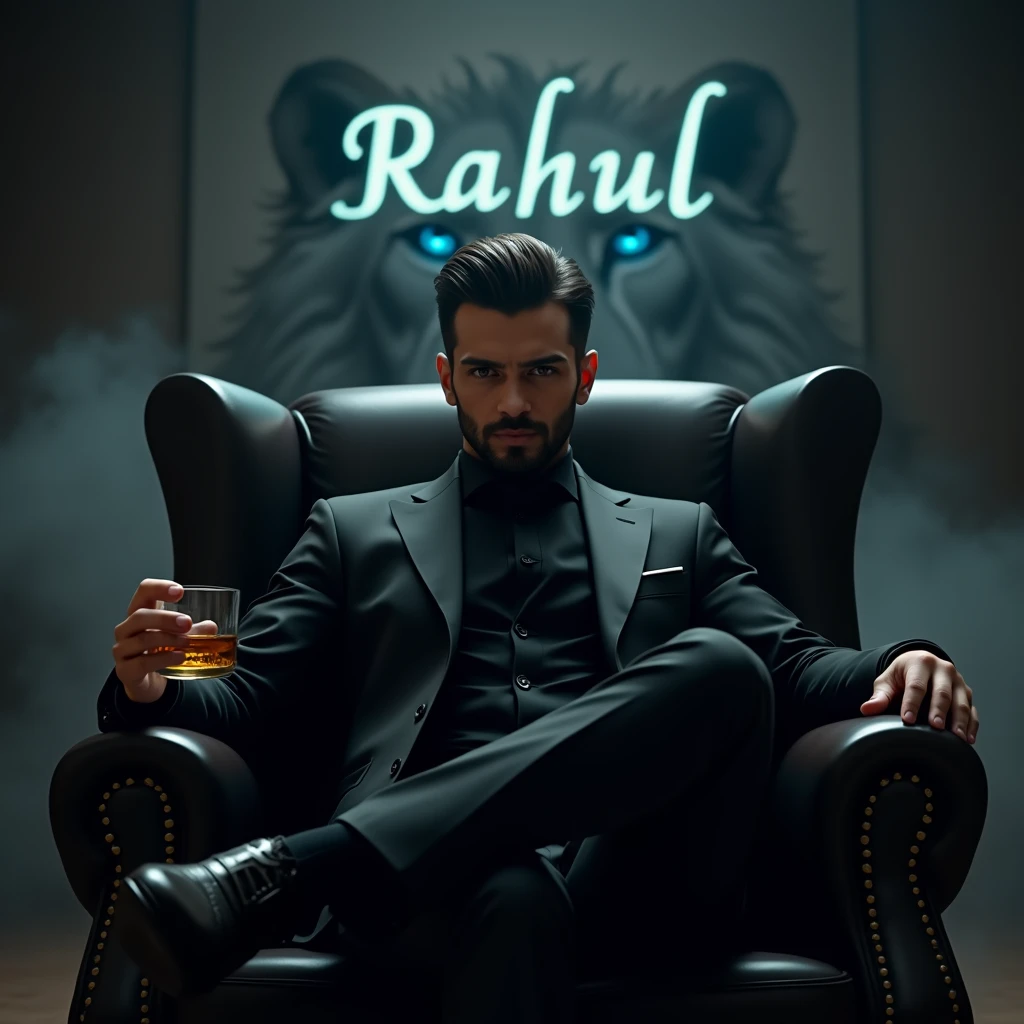 Create a realistic image where a man wearing black luxury suit and sitting on king size chair, he's holding a whiskey glass in his hand, there is smoke in background a shadow of lion and lion's eyes is glowing in blue colour. In background the name "rahul" is showing in bold effects just attached above the chair the head of the character as per his name