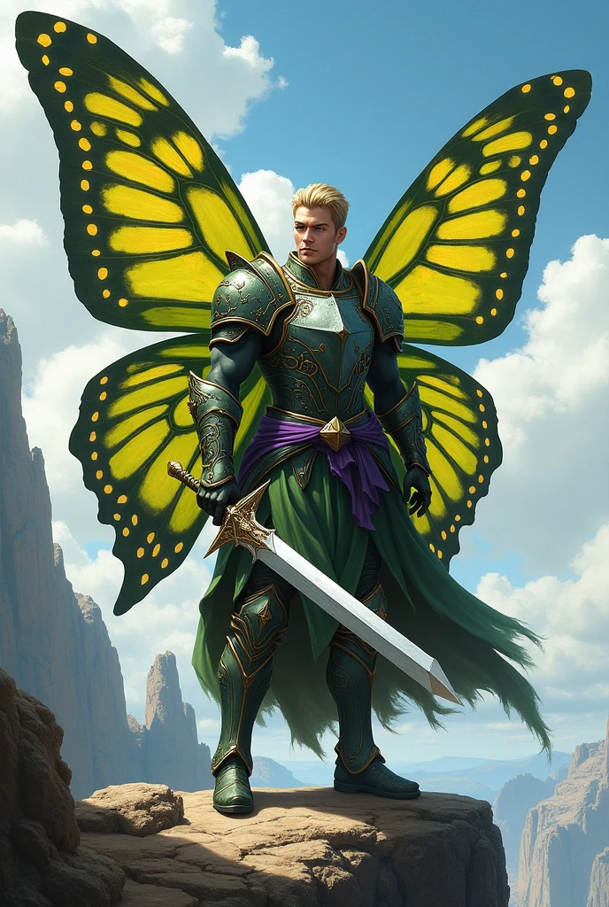 a male paladin with olive green armor, helmet, purple belt, (army helmet, visor), blonde hair,  butterfly wings, holding a sword in one hand, athletic physique, wide chest, intricate armor details, (( butterfly wings on his back)). Square jaw,  strong jaw line,  scar over right eye. show him standing on a cliff. He has neatly trimmed blonde hair and blue eyes.