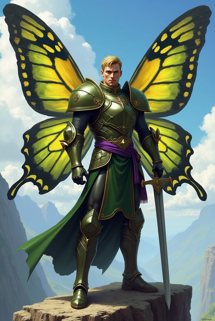a male paladin with olive green armor, helmet, purple belt, (army helmet, visor), blonde hair,  butterfly wings, holding a sword in one hand, athletic physique, wide chest, intricate armor details, (( butterfly wings on his back)). Square jaw,  strong jaw line,  scar over right eye. show him standing on a cliff. He has neatly trimmed blonde hair and blue eyes.