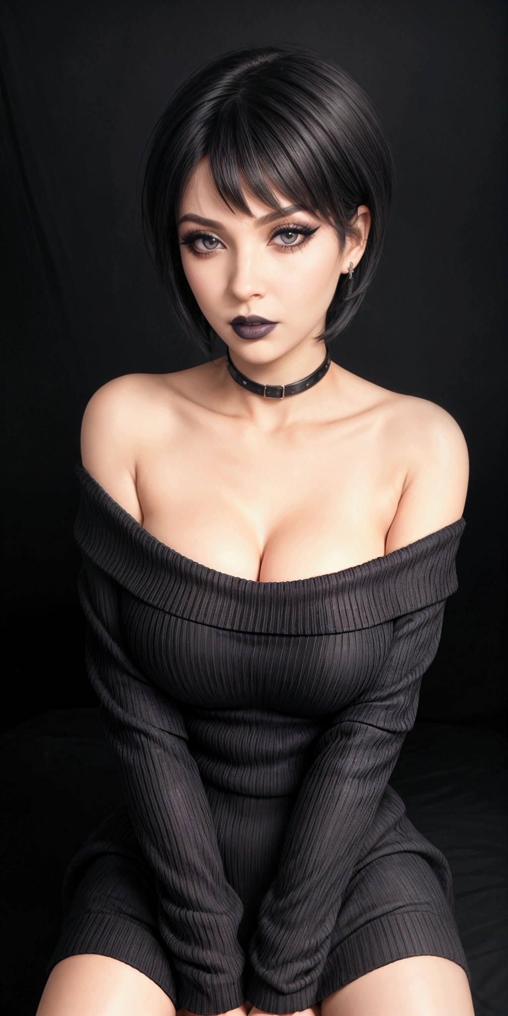 girl, woman, emo_hairstyle, black lipstick, collar, eyeliner, eye shadow, smoky eyes, realistic lighting, short hair, transparency, sweater dress, off the shoulder, hip, strapless, Shiny skin, all fours, arched back , big breasts, full body shot