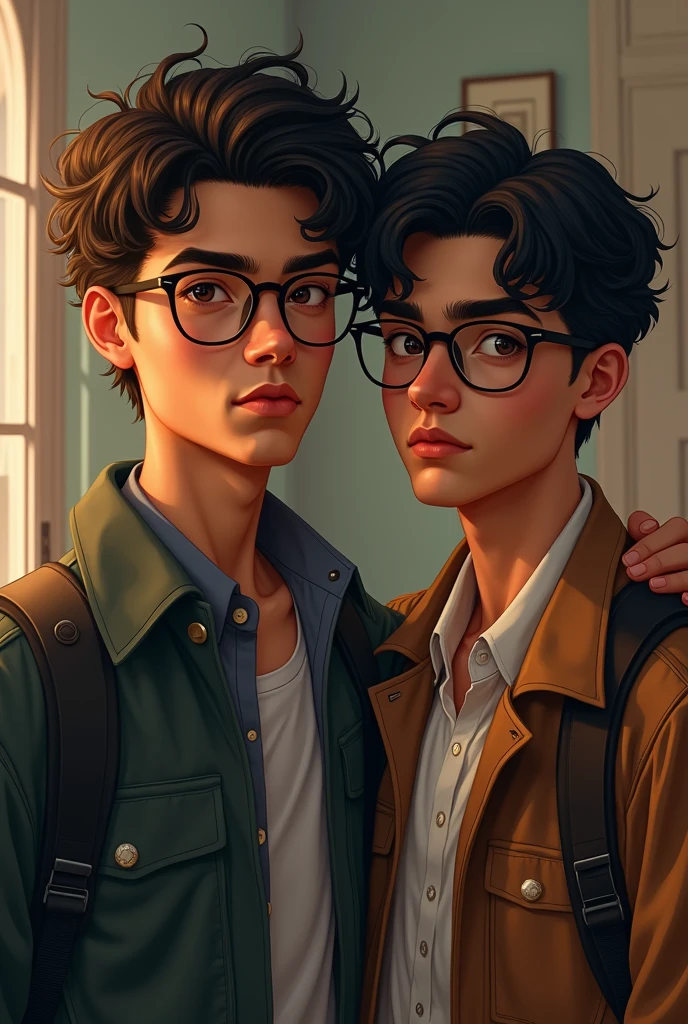 (photorealism:1.2), two beautiful mans, glasses, peruvian, university, tall, short curly hair, "no beard", serious, casual clothing, soft lighting, relaxed pose, realistic, intricate details, warm colors, by Greg Rutkowski, by Alphonse Mucha