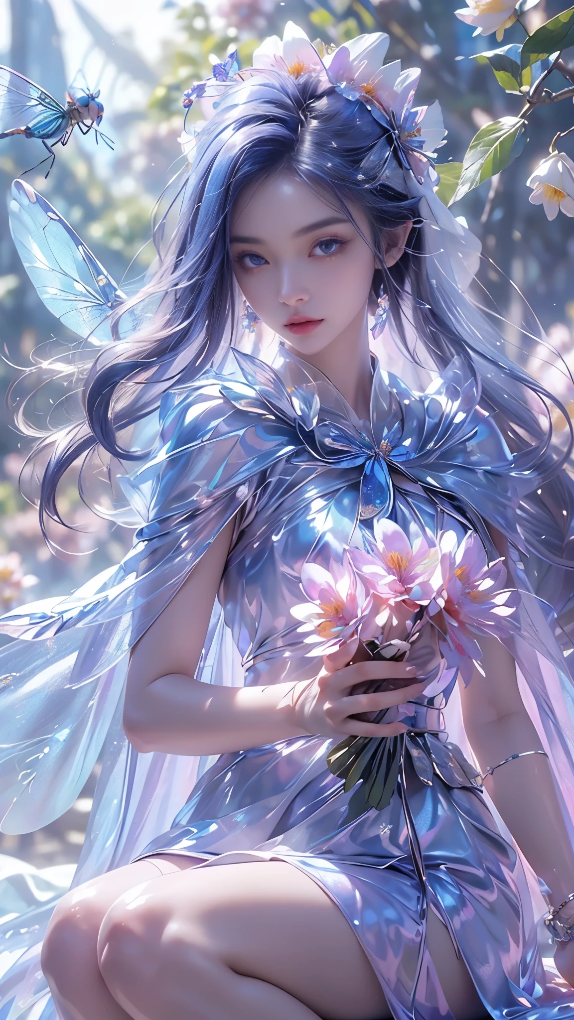 8k, masterpiece, 1 girl, beautiful face, very long hair, light makeup, (glossy skin:1.5), detailed eyes, detailed lips, small bust, short clothing, dragonfly, ((blue dragonfly clothing)), ((flowing cape)), light clothing, (flower falling:1.5), god rays, depth of field, ray tracing,